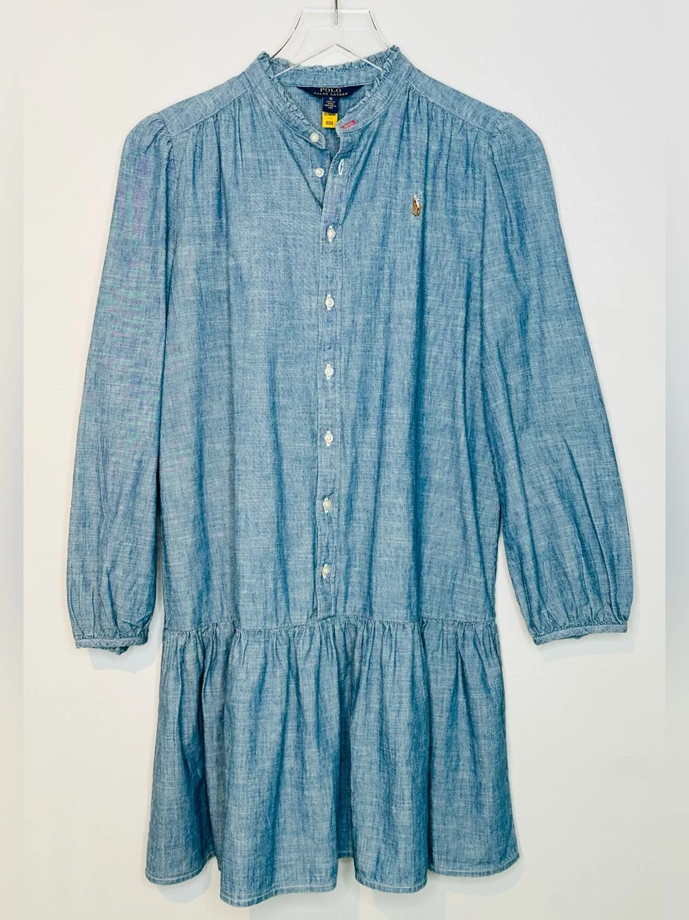 Ralph Lauren Polo Light Blue Chambray Denim Ruffle Hem Drop Waist Dress